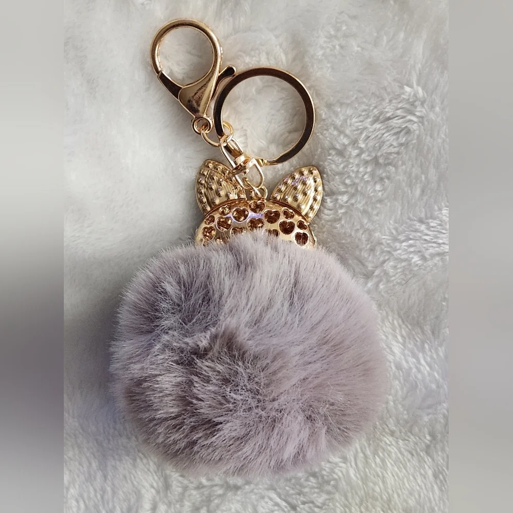 Fox Elegant Gold and Gray Pom Pom Keychain Bag Charm
